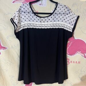 Monteau Black Top with White Polka-Dot Mesh and Lace Trim